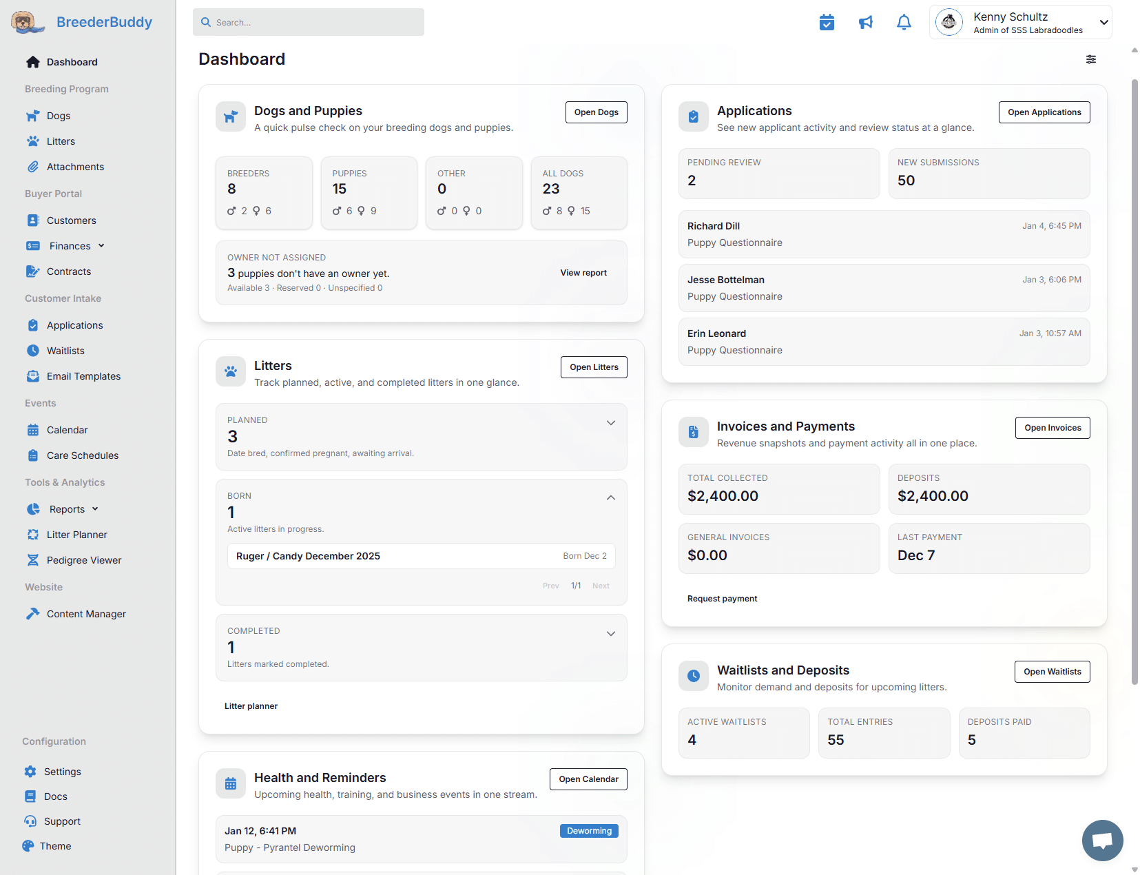 BreederBuddy dog breeding app dashboard
