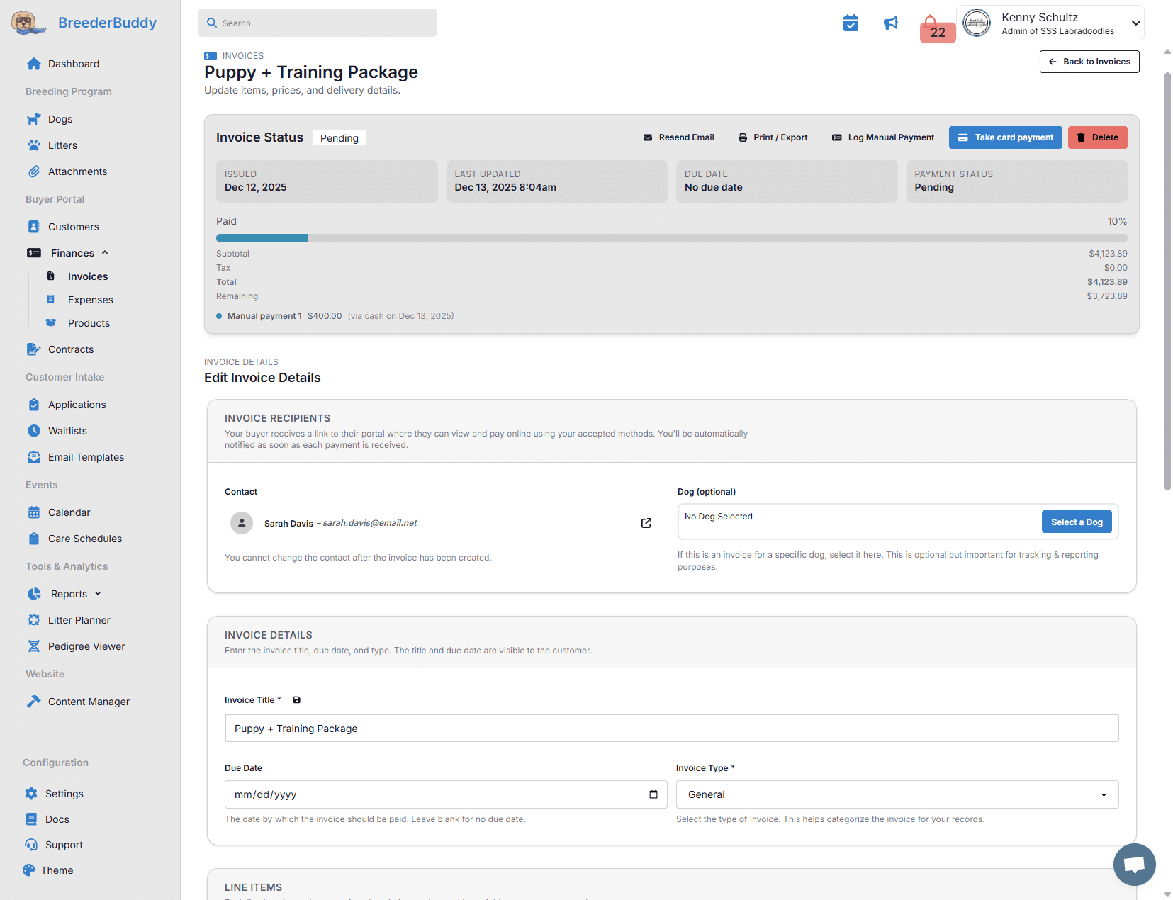 Dog breeder invoicing in BreederBuddy