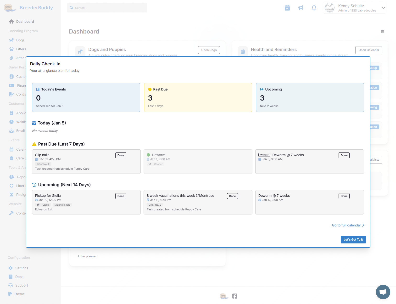 Calendar and reminders in BreederBuddy