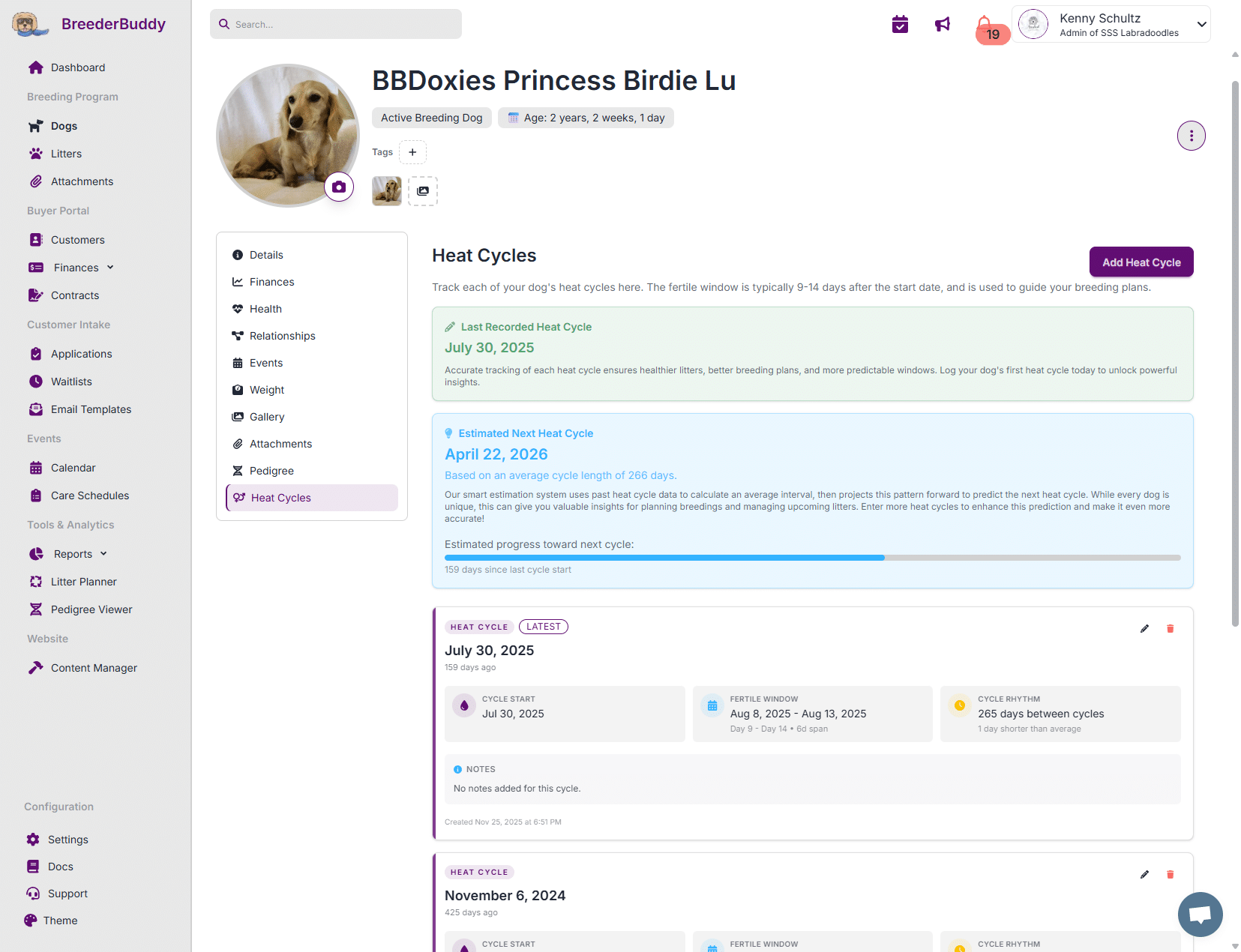 Track heat cycles in BreederBuddy
