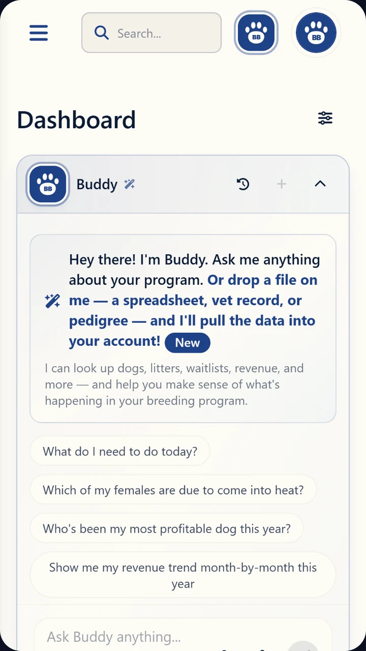 BreederBuddy dog breeding app on an Android phone