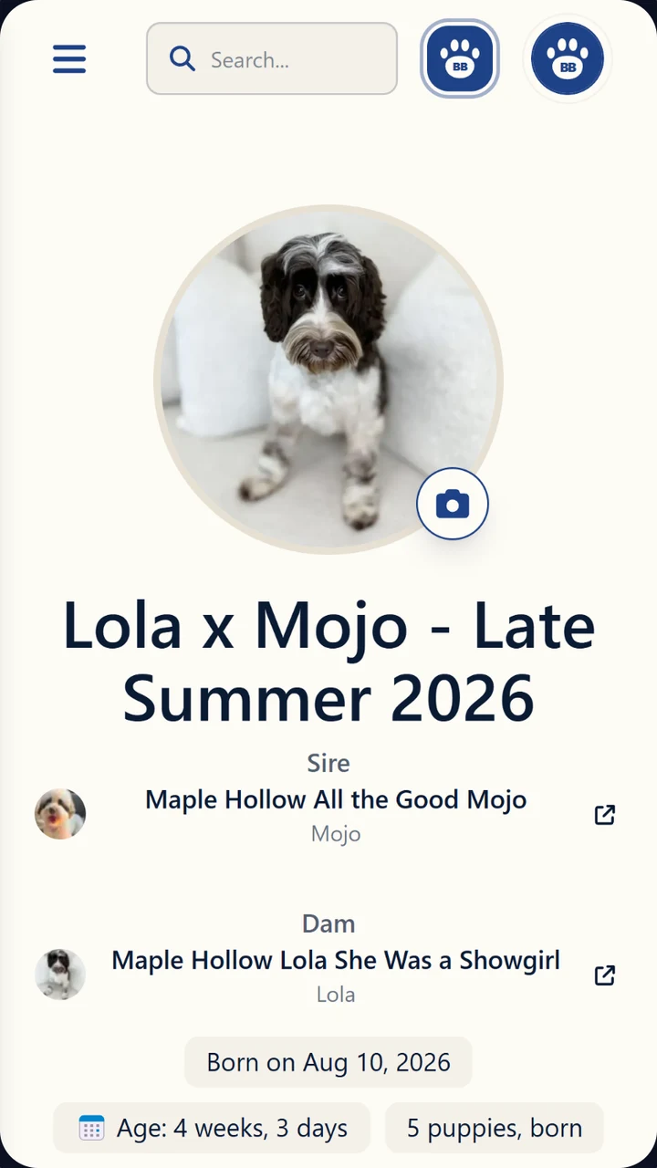 Litter details in the BreederBuddy dog breeding app