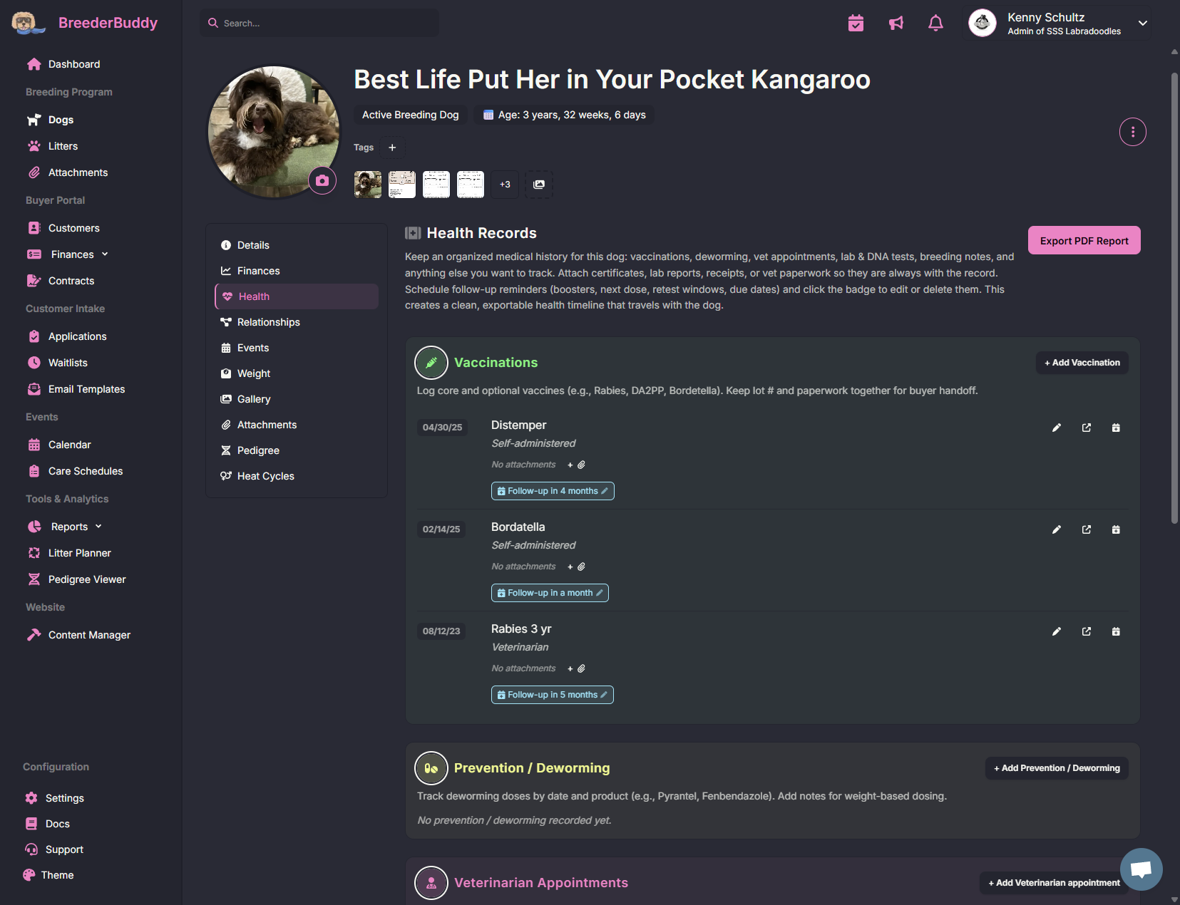 Track health records, create follow up reminders and more with breederbuddy dog breeding profiles